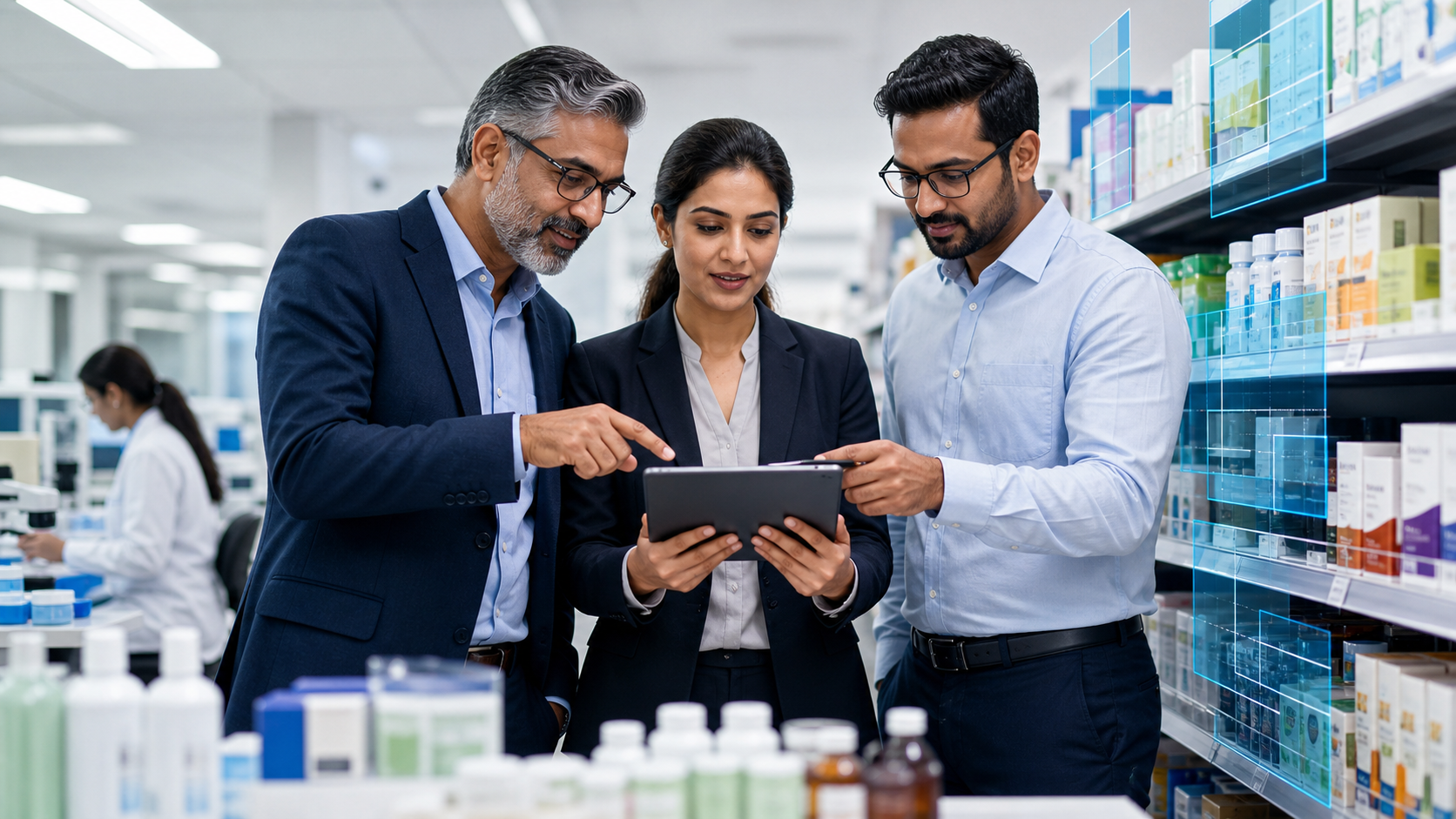 Team reviewing AI quality and digital shelf analytics in a pharma and retail environment