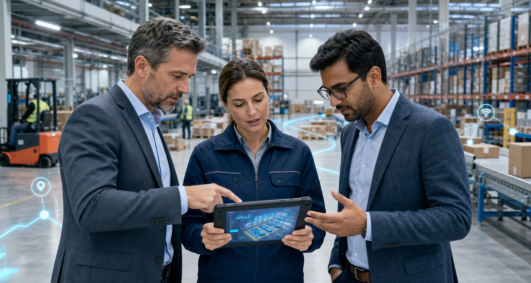 Enterprise leaders reviewing a smart warehouse digital twin on a tablet